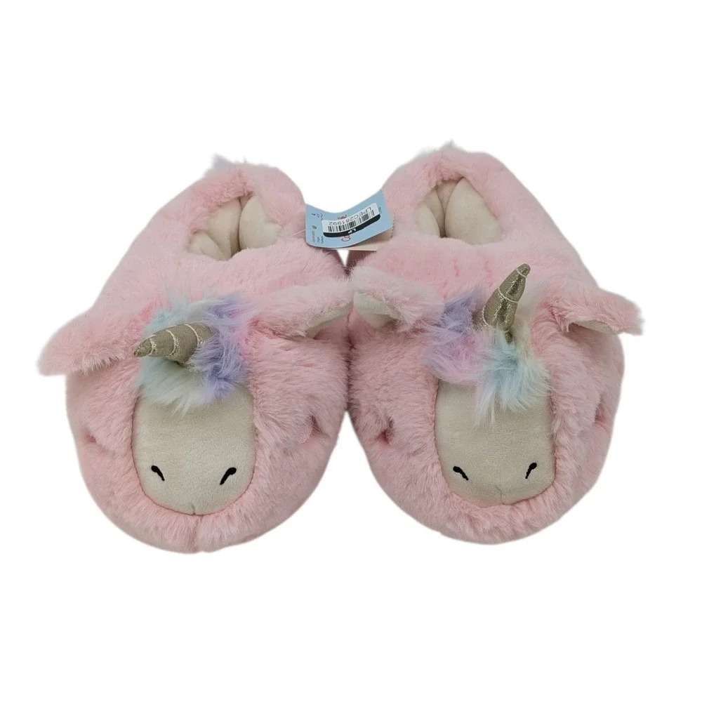 Cat & Jack Kids Pink Faux Fur Unicorn Slippers Size L 4/5 New With Tags